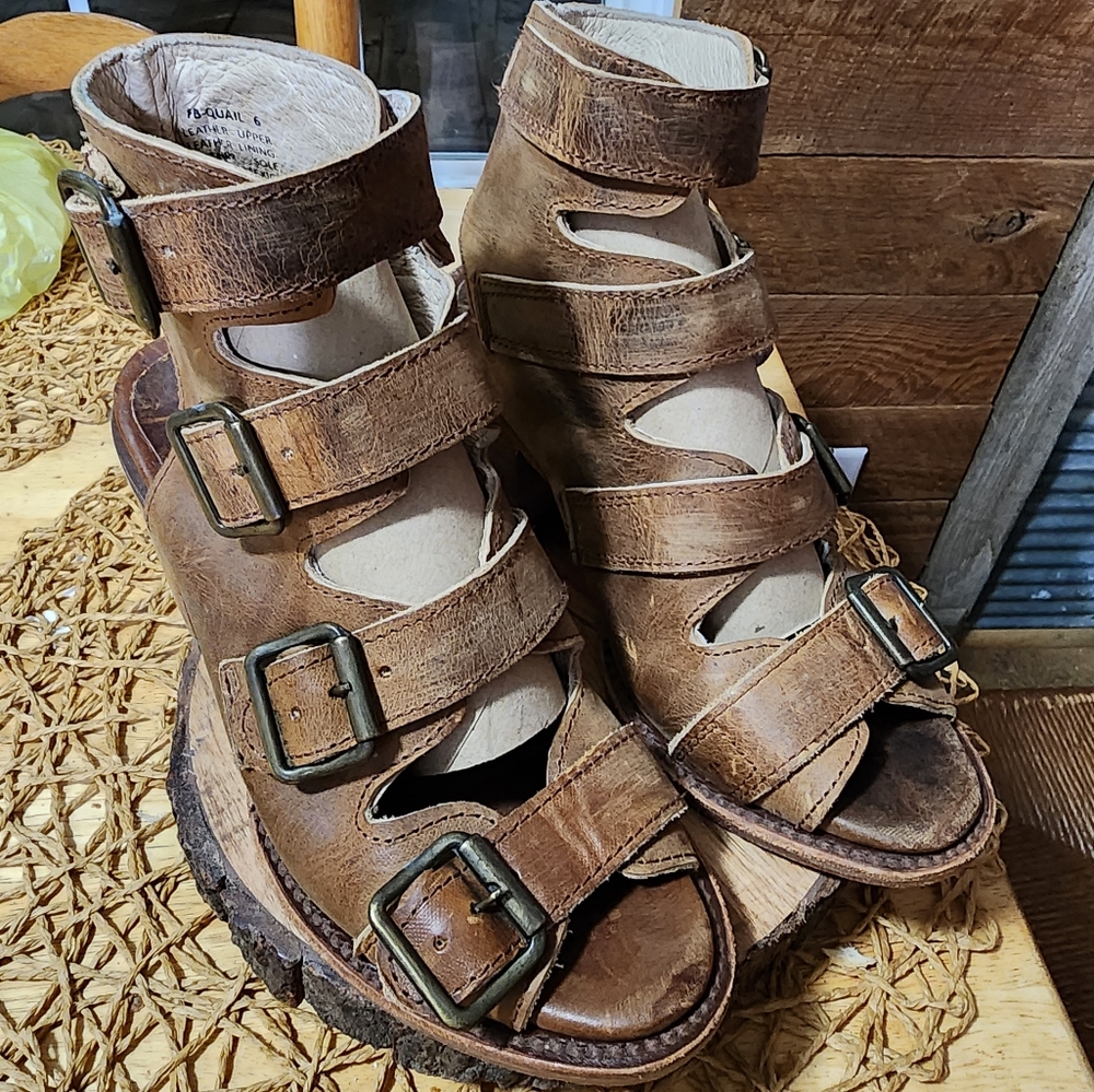 Freebird Shoes with 4 buckels and a block heel, opened toe.